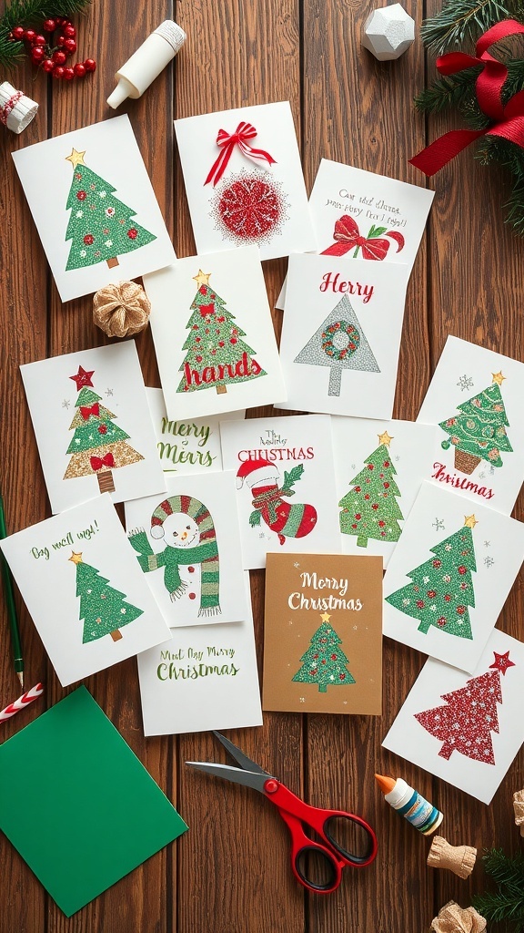 Handmade Christmas Cards with Love Handmade Christmas cards with various designs and decorations on a wooden table.
